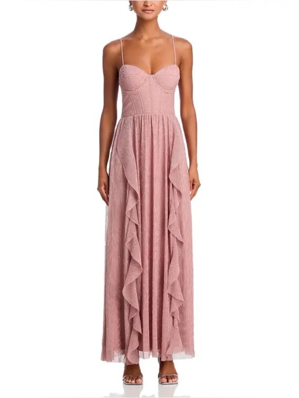 AQUA X Wicked Metallic Mesh Corset Ruffled Maxi Dress